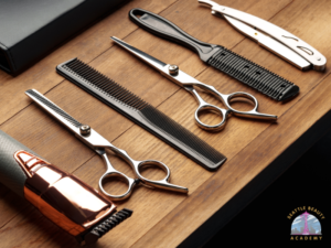 Beard grooming tools including trimmer, scissors, comb, and beard oil used in professional barber training