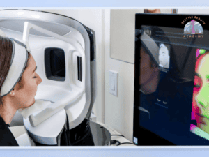 An esthetician using skin analyzer to analyze a client before give her a skin consultation Checklist.