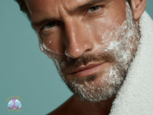 Man with a beard applying grooming cream, showing proper beard care and skin hydration