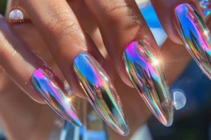 Close-up of holographic aurora chrome nails showing color-shifting duochrome finish in blue and purple tones