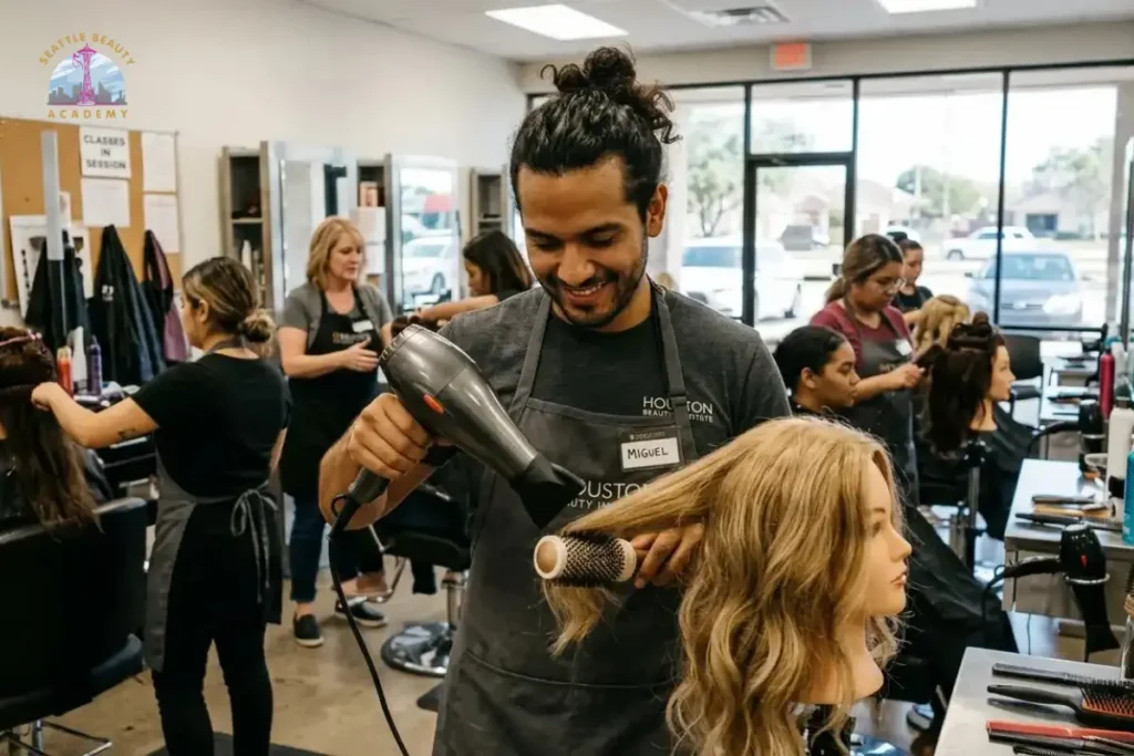 Hair design student in black gloves styling a client's long straight hair at a professional salon in Seattle