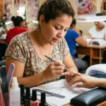 Spanish-speaking nail tech student practicing manicure at Seattle Beauty Academy