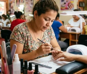 Spanish-speaking nail tech student practicing manicure at Seattle Beauty Academy