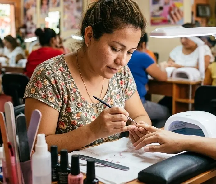 Spanish-speaking nail tech student practicing manicure at Seattle Beauty Academy