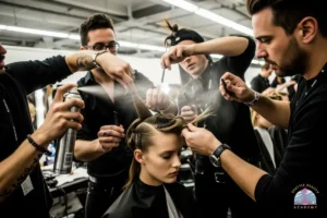 Team of professional hair designers working backstage at a hair show, applying spray and styling techniques on a model