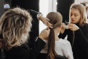 Two professional hair stylists collaborating to create a sleek updo on a client, showcasing advanced hair design techniques