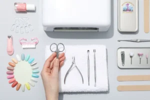 Licensed nail technician preparing sanitized tools and workstation at Seattle nail salon