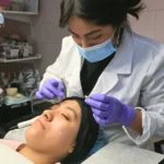 Washington esthetician student practicing facial treatment on a male client under ring light at Seattle Beauty Academy