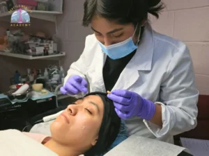 Washington esthetician student practicing facial treatment on a male client under ring light at Seattle Beauty Academy