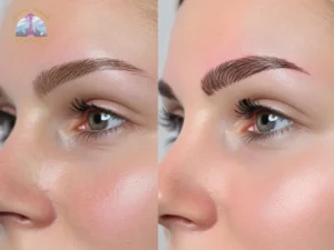 Before and after microblading results showing fuller, more defined eyebrows on a young woman