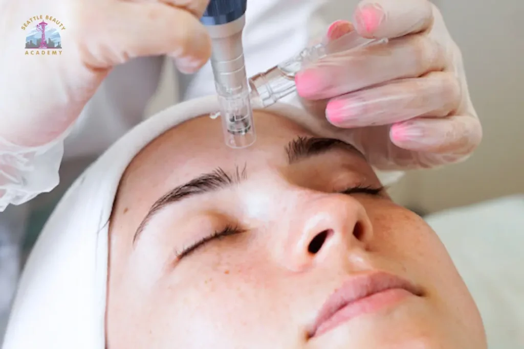 Master Esthetics instructor demonstrating micro-needling device technique to student