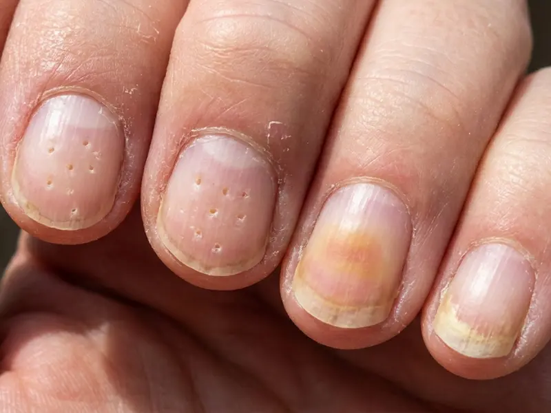 Nail Psoriasis - An inflammatory condition that causes pitting, discoloration, thickening, and crumbling of the nails