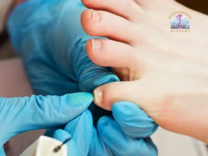 Nail technician shaping toenails during a licensed nail tech pedicure