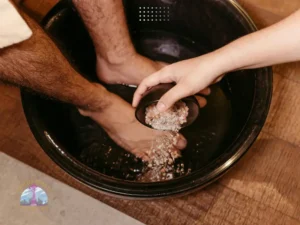 Warm foot soak step during a salon pedicure treatment